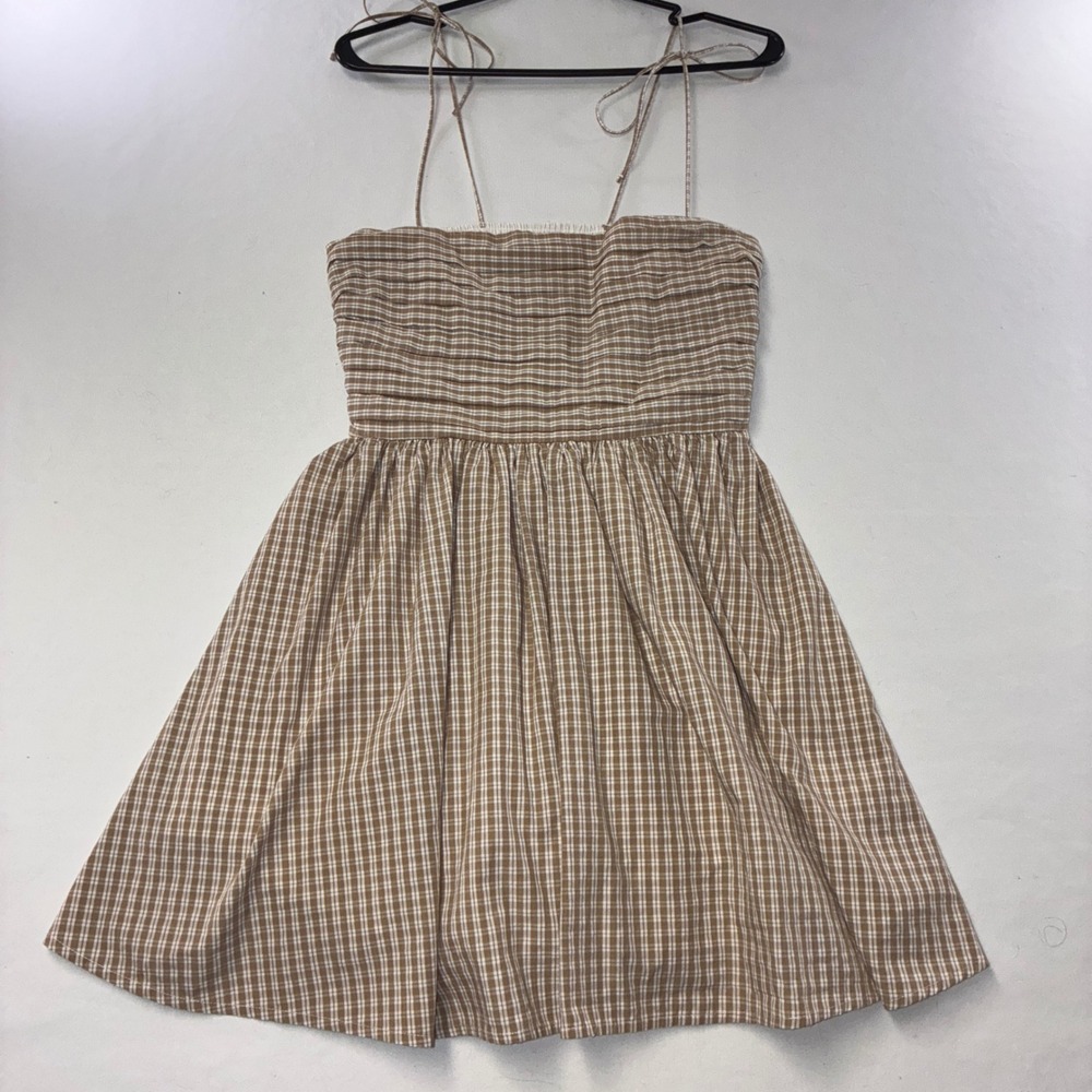 605 Cottagecore Abercrombie & Fitch Mini Dress S Brown Plaid Tie Strap Ruched